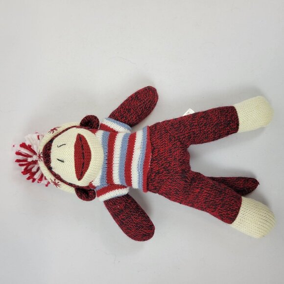 Retro Red Knit Cute Sock Monkey Toy Stripe Sweater DanDee Pom Pom Hat Plush Kids - Picture 4 of 9